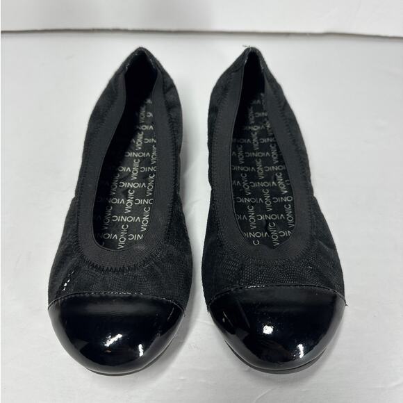Vionic Allora Ballet Flats Slip On Patent Cap Toe Black 5 Orthaheel Balletcore - Picture 1 of 8
